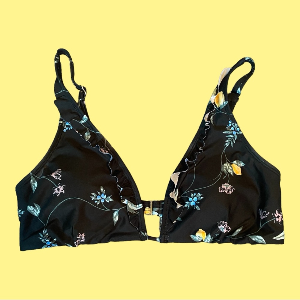 Ruffle Trim Lemon Print Bikini Top